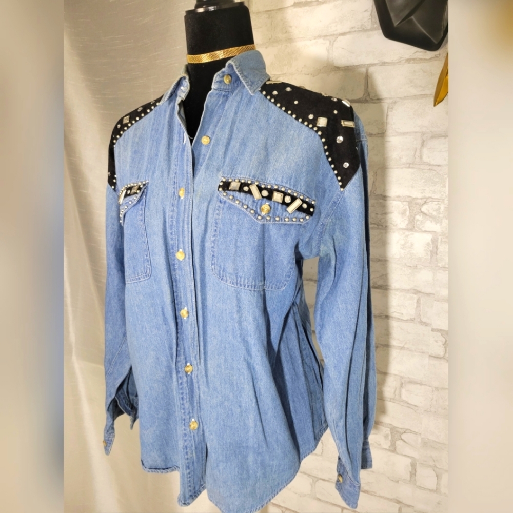 Vintage Denim Rhinestone Studded Button Down Shirt Size Medium